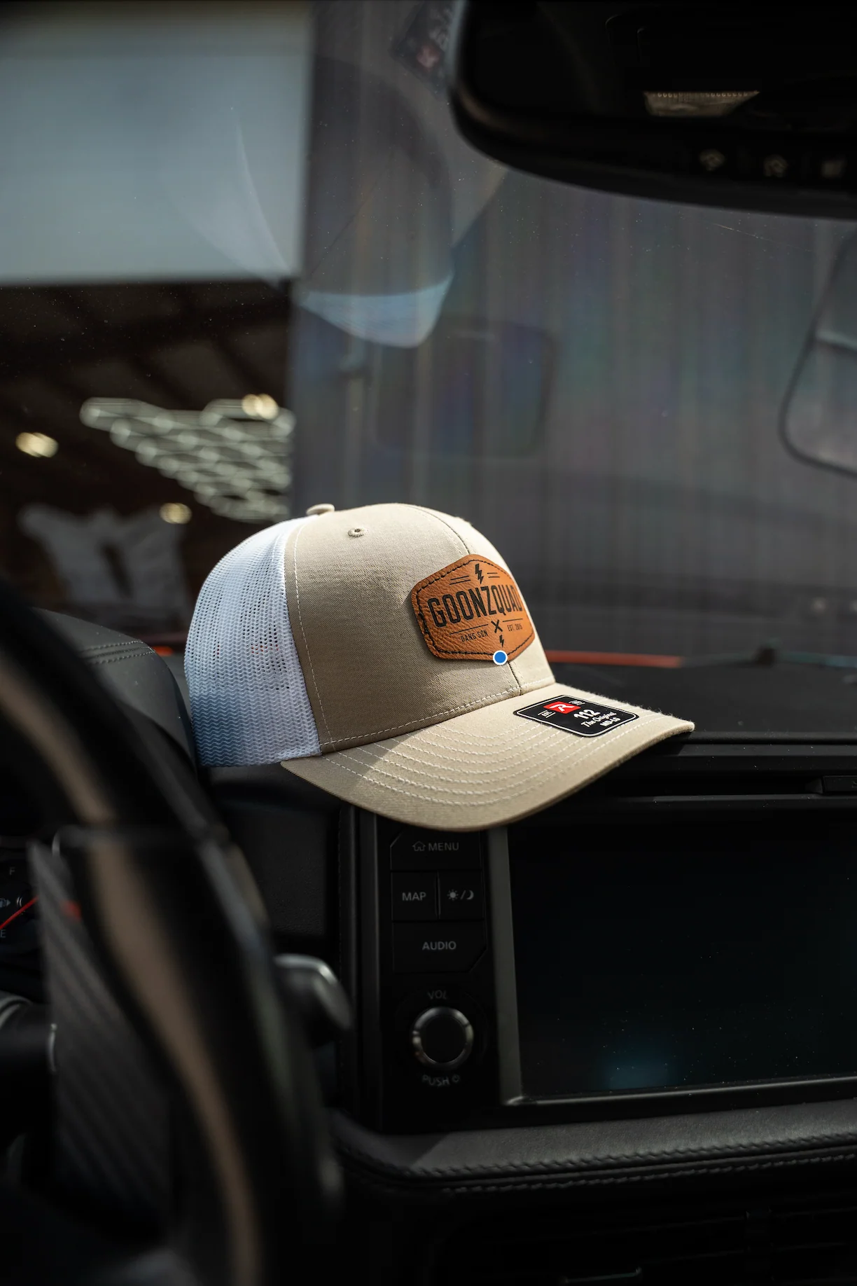 Goonzquad Leather Patch Trucker Hat – Khaki/White - Image 3
